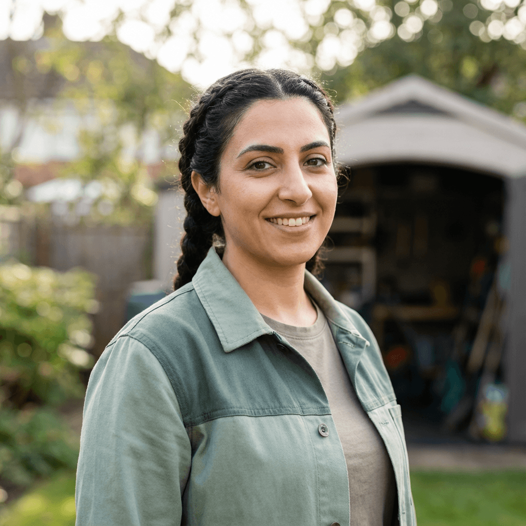 Woman smiling in a residential garden