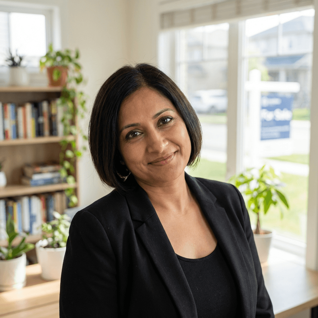 Priya Patel smiling near her front door