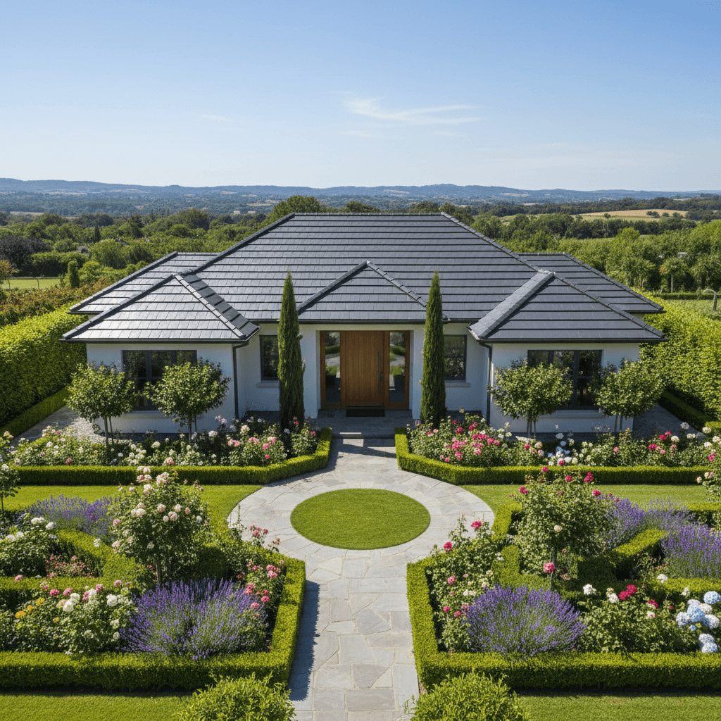 House with clean roof surrounded by a green garden