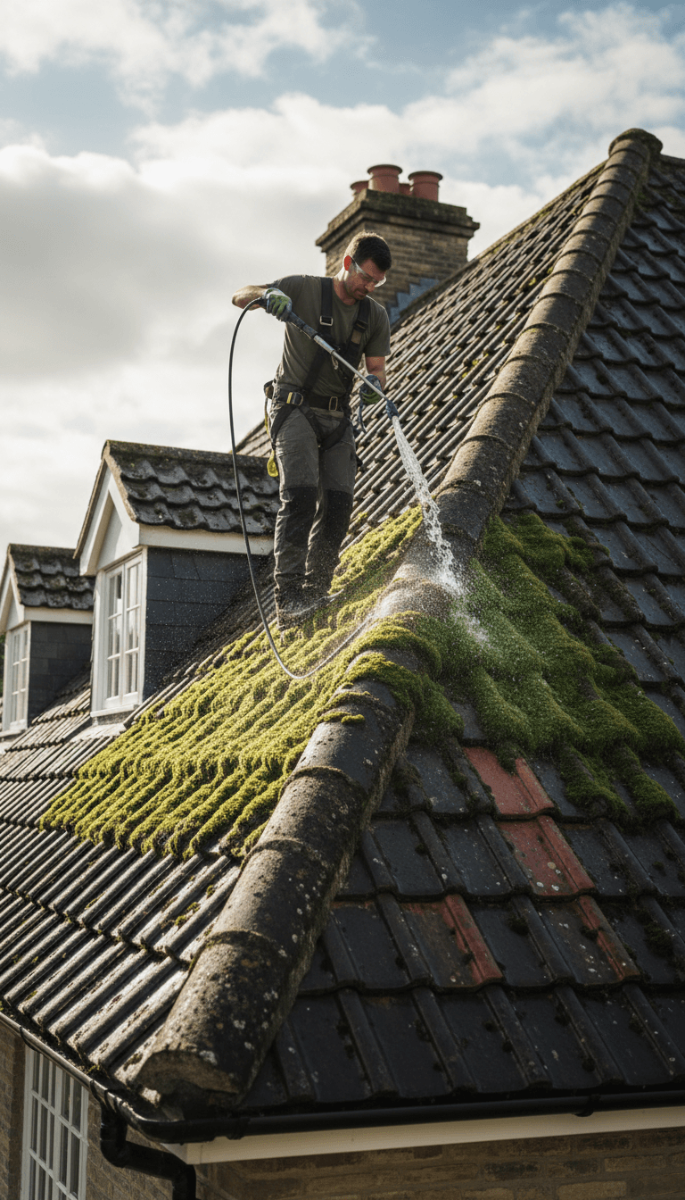 Technician soft washing roof tiles with low pressure wand