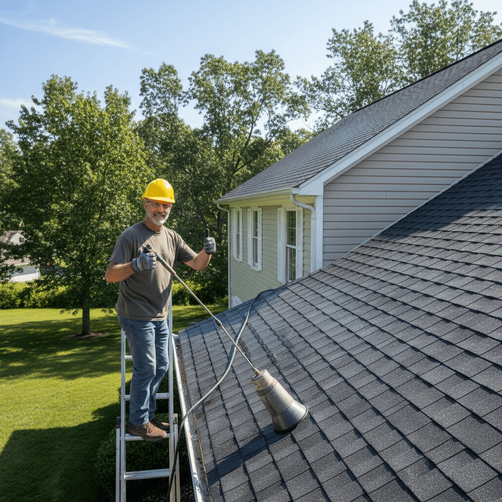 Homeowner looking up at a clean, moss-free roof