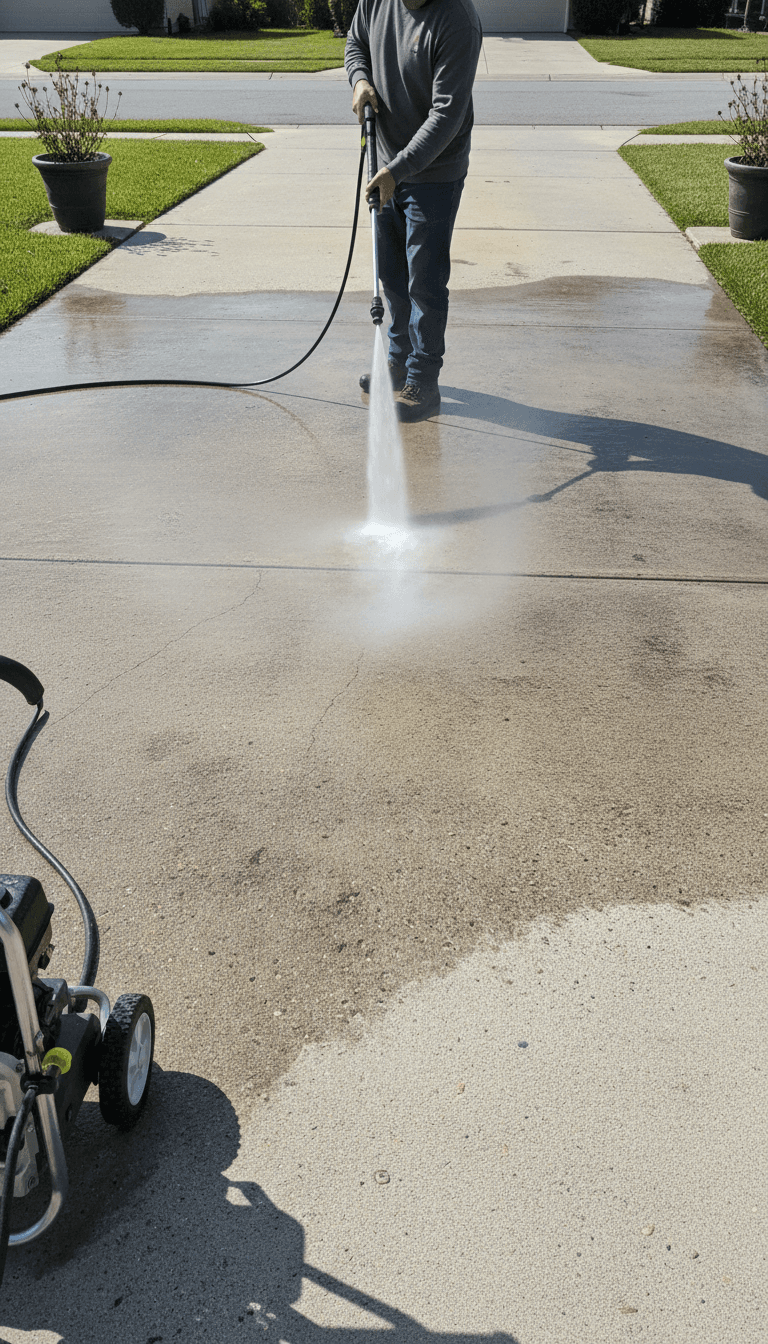 Pressure washing a driveway with a wand spraying water on concrete