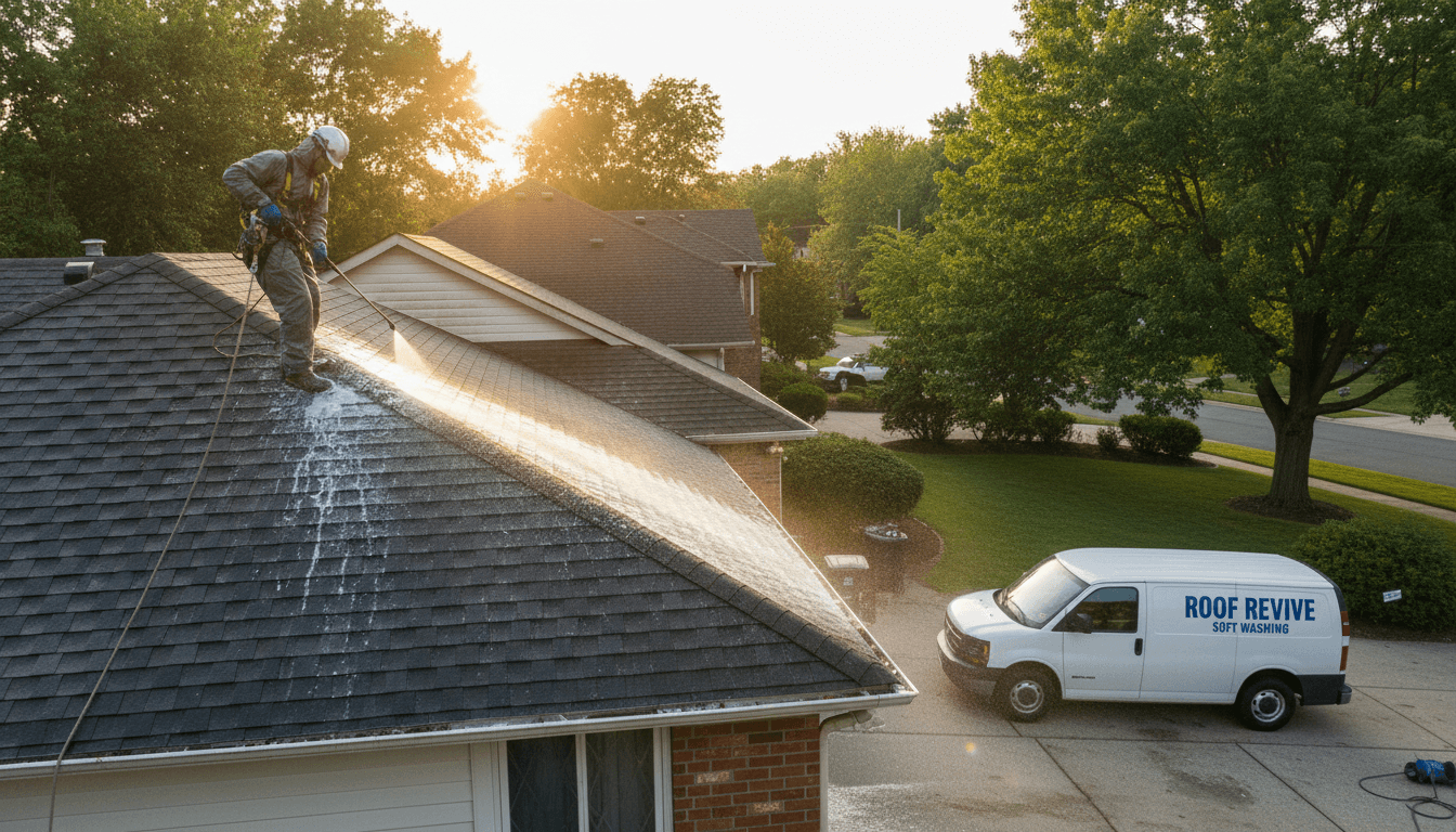 Professional cleaner soft washing a residential roof to remove moss