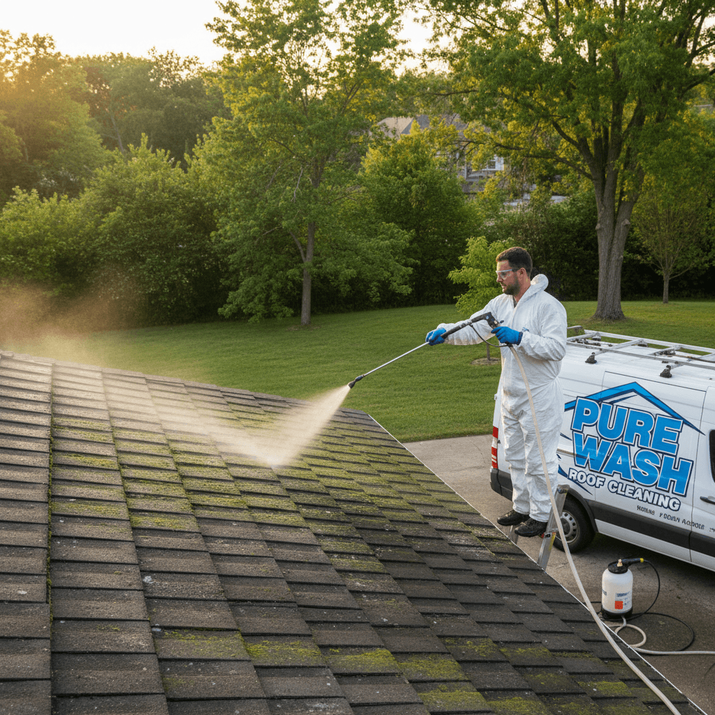 Technician softly washing roof tiles with a low-pressure spray