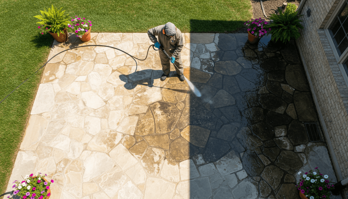 Pressure washing patio slabs to remove green algae and moss