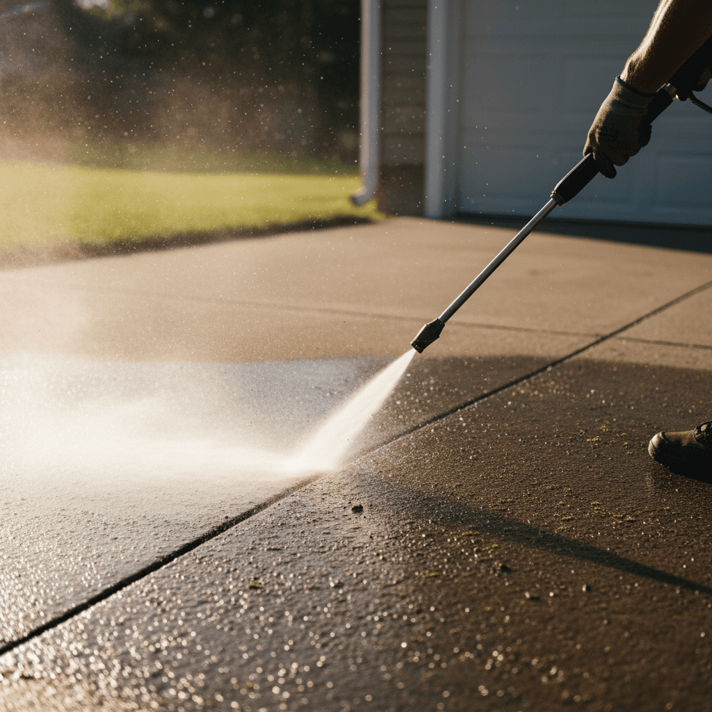Pressure washing a concrete driveway with a spray of water