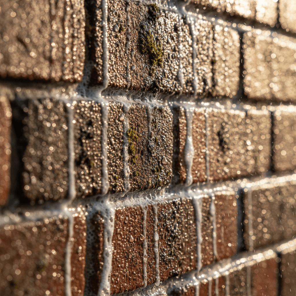 Soft washing an exterior brick wall to remove dirt and stains