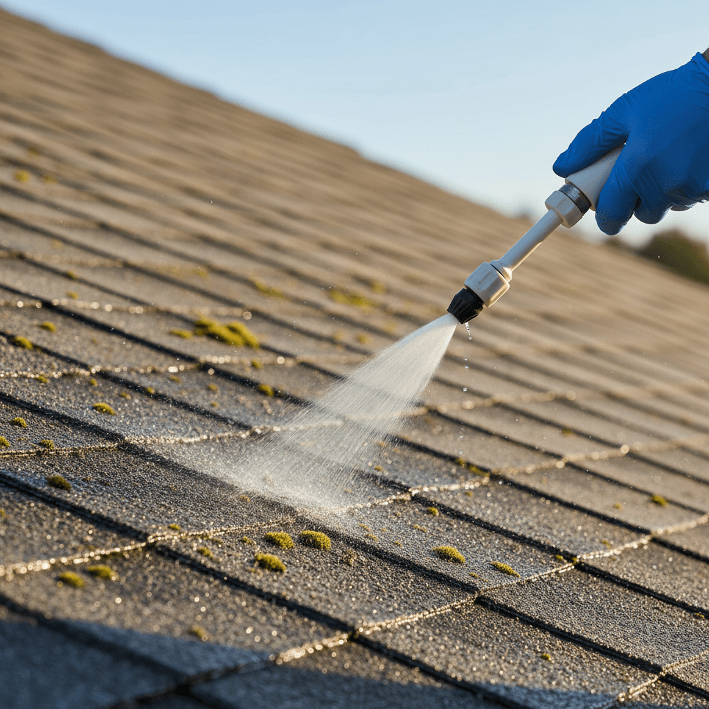 Roof soft wash removing moss from tiles