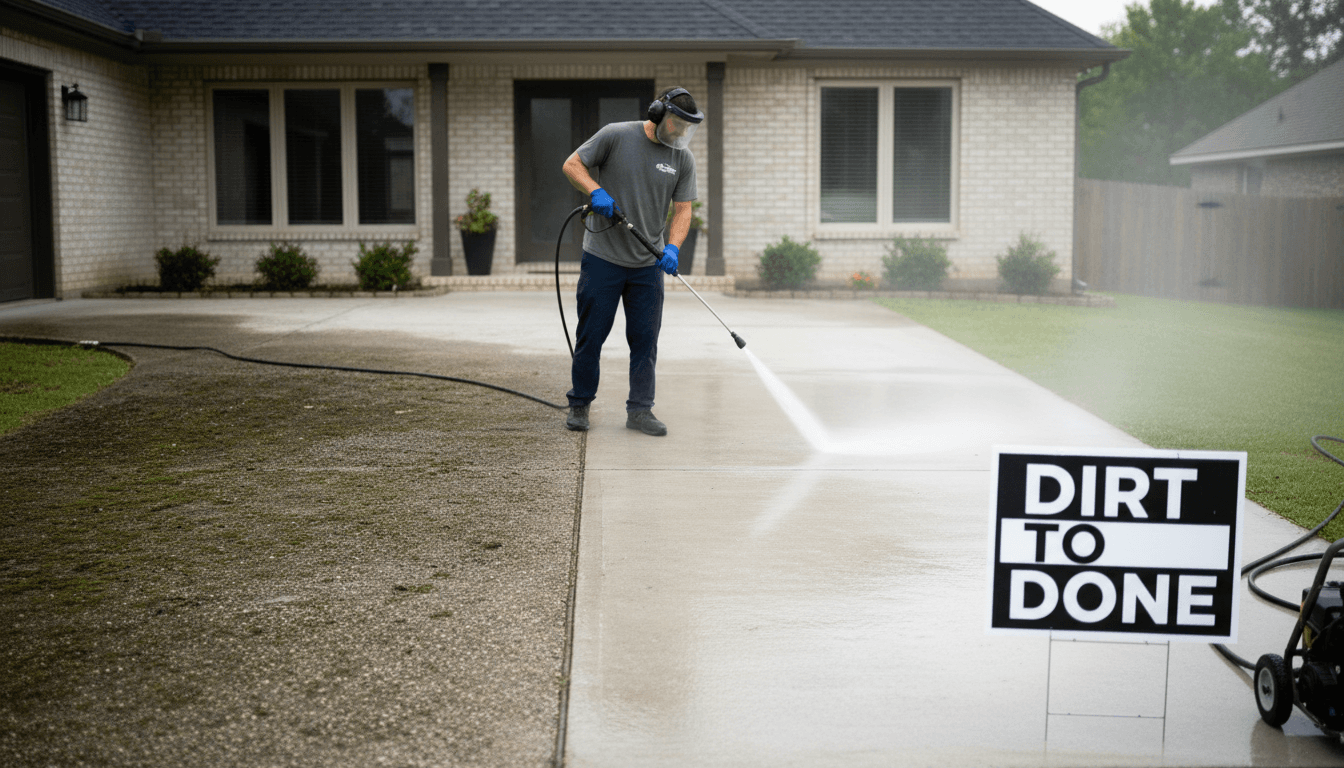 Professional pressure washing a concrete driveway with a wide surface cleaner
