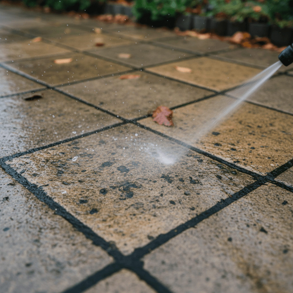 Pressure washed patio with clean paving stones