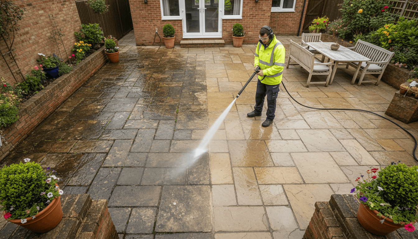 Clean garden path after pressure washing