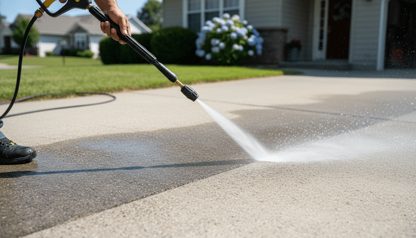 Worker pressure washing a residential driveway